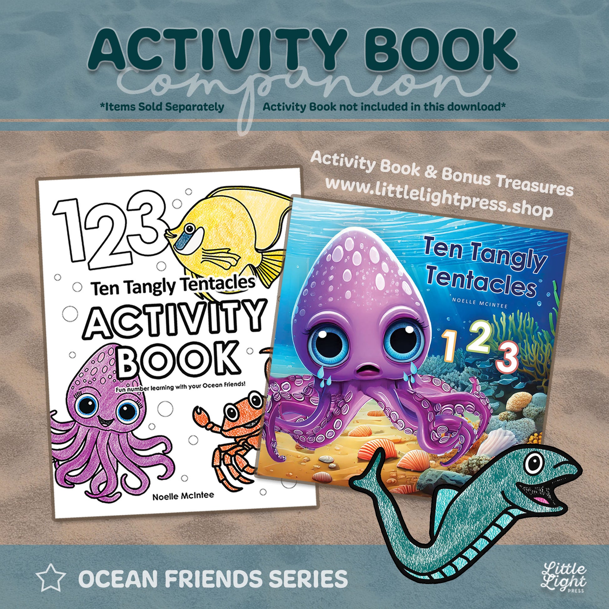 Activity book and story book covers with ocean-themed illustrations on a sandy surface